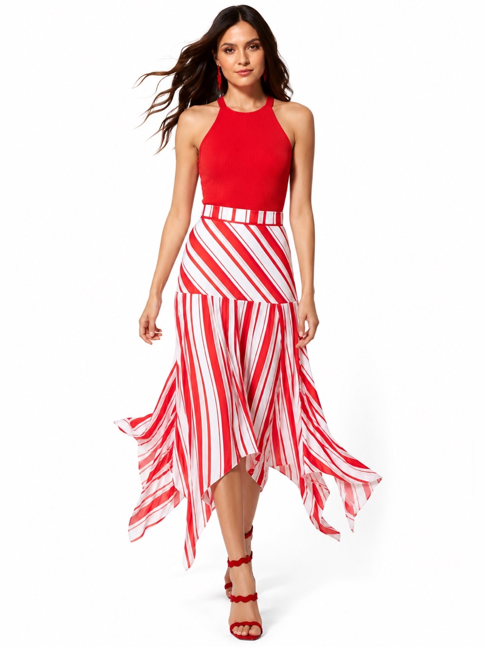 New York & Company Pleated Red White Stripe Handkerchief Hem Maxi Skirt NWOT